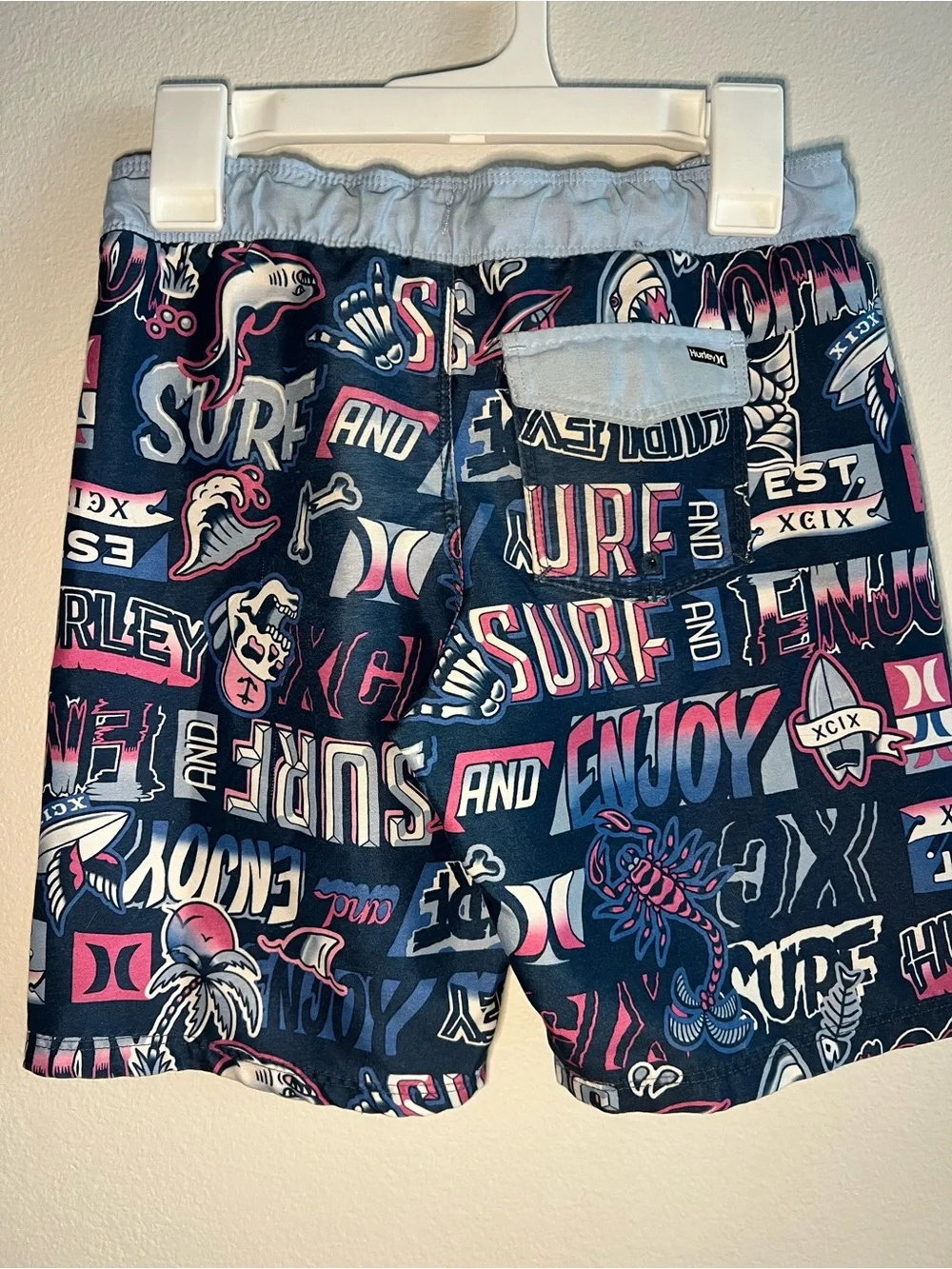 Hurley Navy Swim Shorts with Pink and White Surf Graphics